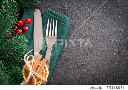 Christmas festive table setting with decorations 55118031