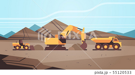 heavy excavator loading soil on dump truck professional equipment working on coal mine production 55120533