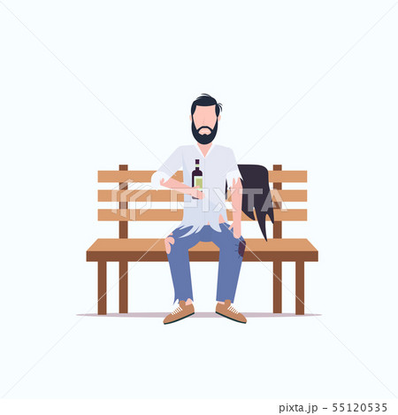 poor man drunk beggar sitting on wooden bench holding bottle of alcohol homeless jobless concept 55120535
