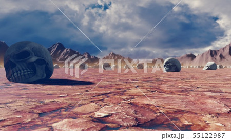 Mystical apocalyptic view, hot sultry desert and skulls on the cracked earth, disturbing sky with 55122987