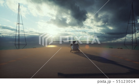 Military helicopter Blackhawk lands on an aircraft carrier in the endless blue ocean. 3D Rendering Military helicopter Blackhawk lands on an aircraft carrier in the endless blue ocean. 3D Rendering 55123014