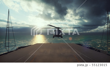 Military helicopter Blackhawk lands on an aircraft carrier in the endless blue ocean. 3D Rendering Military helicopter Blackhawk lands on an aircraft carrier in the endless blue ocean. 3D Rendering 55123015