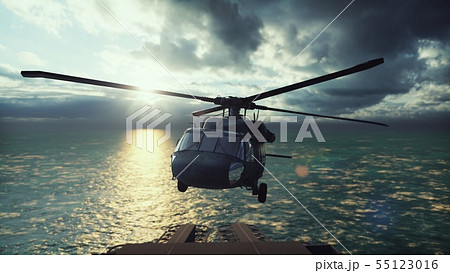 Military helicopter Blackhawk lands on an aircraft carrier in the endless blue ocean. 3D Rendering Military helicopter Blackhawk lands on an aircraft carrier in the endless blue ocean. 3D Rendering 55123016