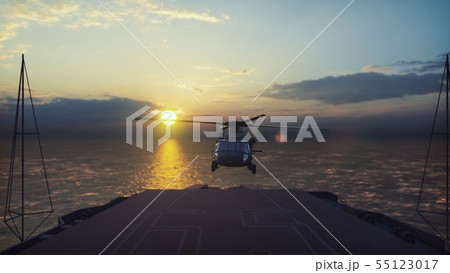 Military helicopter Blackhawk lands on an aircraft carrier in the endless blue ocean. 3D Rendering Military helicopter Blackhawk lands on an aircraft carrier in the endless blue ocean. 3D Rendering 55123017