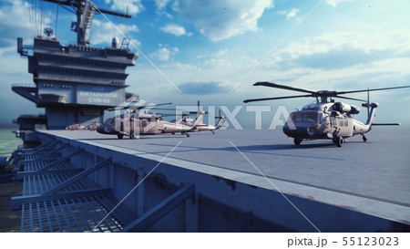Military helicopters Blackhawk take off from an aircraft carrier at clear day in the endless blue 55123023
