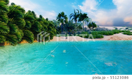 Amazing fantastic oasis in the desert. Clear day. Mountains, sand dunes, palm trees and a sultry sky 55123086