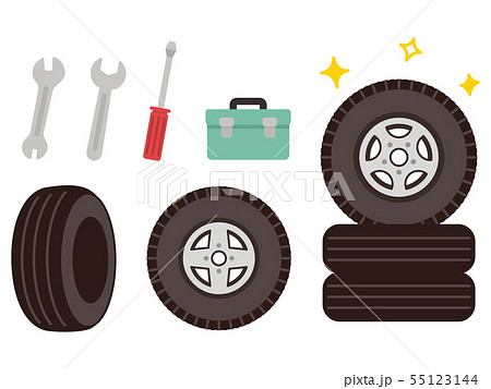 自動車整備 工具とタイヤのイラスト素材