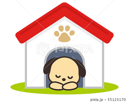 犬小屋で眠る犬のイラスト素材