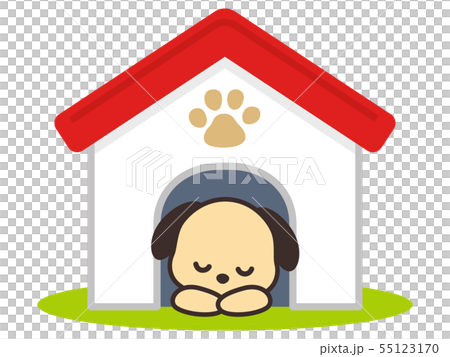 犬小屋で眠る犬のイラスト素材