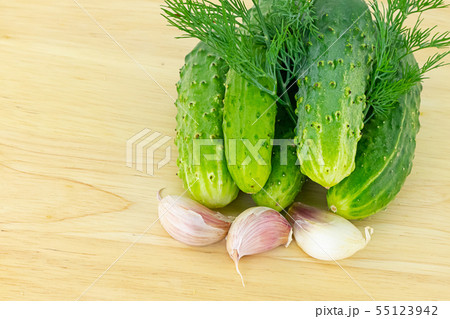 bright green cucumber pile and slice garlic, sprig bright green cucumber pile and slice garlic, sprig 55123942