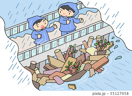 大雨による河川増水のイラスト 大雨による河川増水のイラスト 55127058