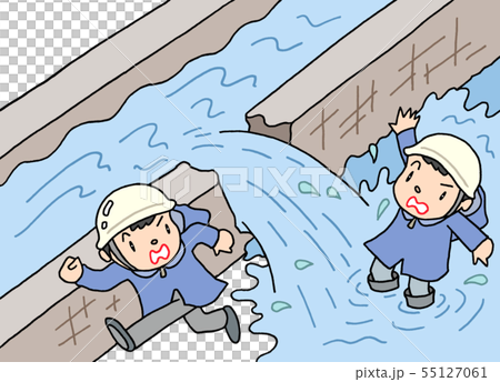 河川増水による堤防決壊のイラスト 55127061