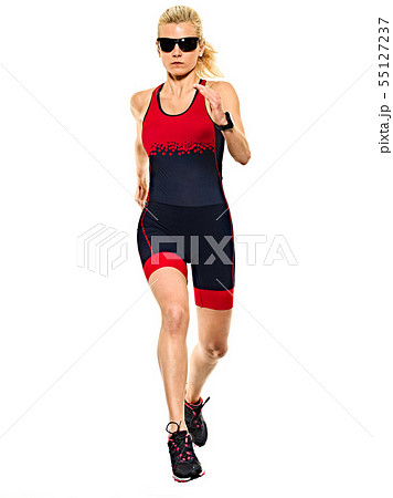 woman triathlon triathlete ironman runner running isolated white background 55127237