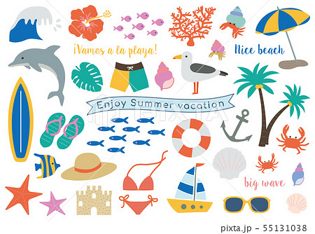 Summer Vacations Summer Beach Sea Illustration Set Stock Illustration