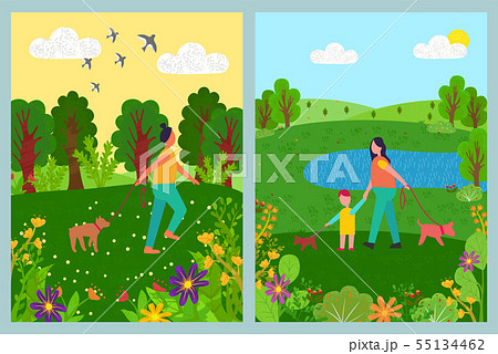 Women Going with Dogs, Walking in Park Vector Women Going with Dogs, Walking in Park Vector 55134462