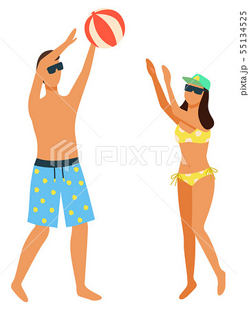 Couple Playing Beach Volleyball Isolated On Whiteのイラスト素材