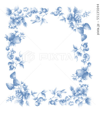 花とフルーツのフレーム 飾り罫 ターコイズブルートーン 点描画のイラスト素材