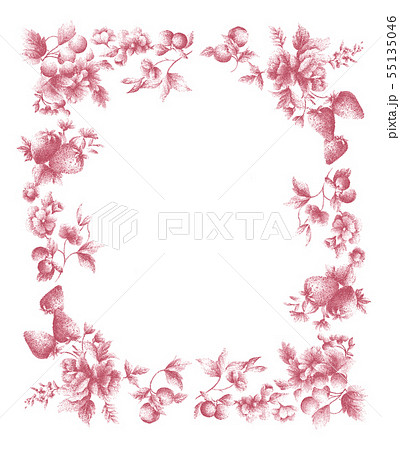 花とフルーツのフレーム 飾り罫 レッドトーン 点描画のイラスト素材
