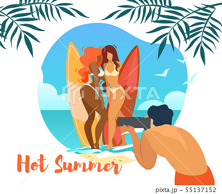 Man Make Photo of Girls Posing with Surfing Boards Man Make Photo of Girls Posing with Surfing Boards 55137152