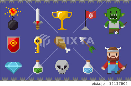 Pixel Icons Set, Chicken Leg, Skull Viking Diamond 55137602