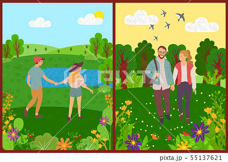 Summer Walks and Strolling People, Couples in Park 55137621