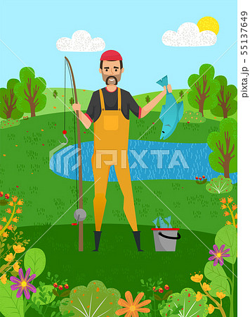 Fisherman Holding Pike, Fish and Rod, Hobby Vector 55137649