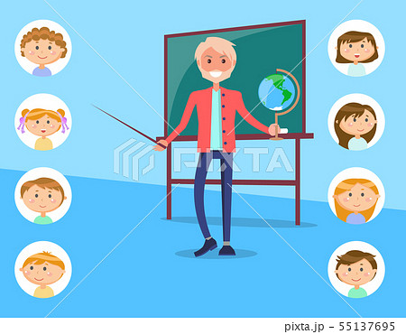 Geography Teacher with Earth Globe near Chalkboard Geography Teacher with Earth Globe near Chalkboard 55137695