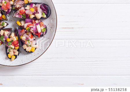Traditional  Peruvian food background with mussels 55138258