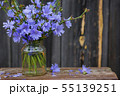 Bouquet of Chicory flowers in vase on wooden table 55139251