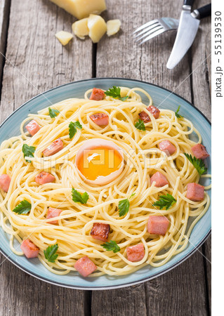 Itslian pasta carbonara with sausage and egg Itslian pasta carbonara with sausage and egg 55139530