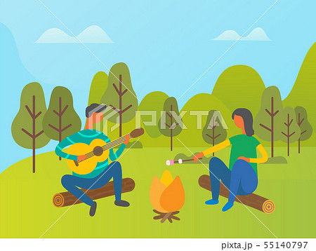 Camping in Forest, People Sitting by Hot Bonfire 55140797