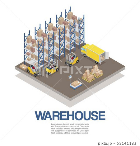Warehouse with forklifts and truck isometric vector illustration. Storage 3d warehouse isolated on Warehouse with forklifts and truck isometric vector illustration. Storage 3d warehouse isolated on 55141133