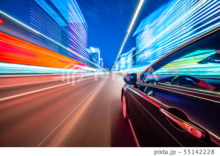 View from Side of Car moving in a night city 55142228