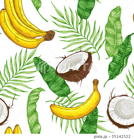 Pattern with bananas, coconuts and green leaves. 55142522