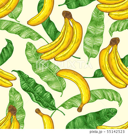 Pattern with bananas and green leaves. 55142523
