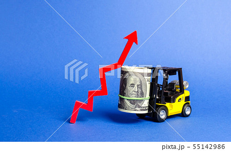 Yellow Forklift truck carries a big bundle money 55142986