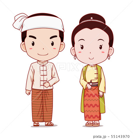 Couple characters in Myanmar traditional costume.	 55143970