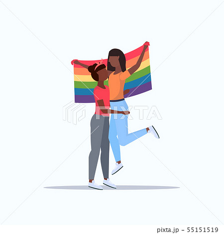 lesbians women couple holding rainbow flag love parade...のイラスト素材 [55151519] - PIXTA