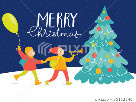 Vector Mery Christmas illustration with happy children 55152240