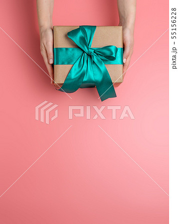 Female hands hold gift box, copy space down 55156228