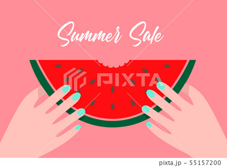 Summer sale cartoon flat illustration. Bitten off watermelon slice hold in hands. 55157200