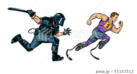 discrimination against persons with disabilities. athlete runner. riot police with a baton 55157512