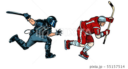 hockey player. riot police with a baton 55157514