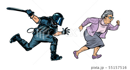 old woman pensioner. riot police with a baton 55157516