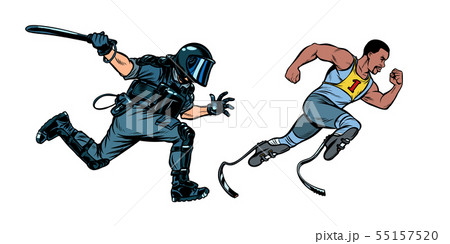 discrimination against persons with disabilities. athlete runner. riot police with a baton 55157520