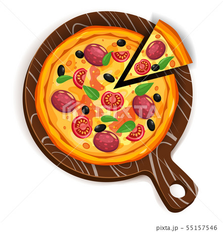 Pizza and slice triangle with different ingredients tomato, cheese, olive, sausage, basil 55157546