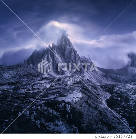 Mountains in fog at beautiful night. Dreamy Mountains in fog at beautiful night. Dreamy 55157723