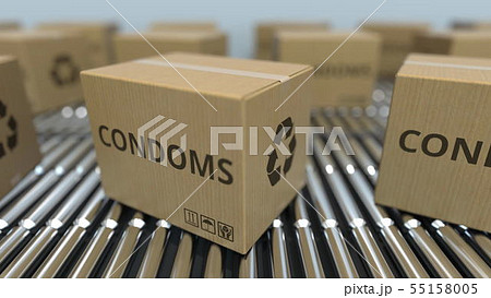 Cartons with condoms on roller conveyors. 3D rendering Cartons with condoms on roller conveyors. 3D rendering 55158005