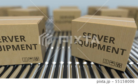 Cartons with server equipment on roller conveyors. 3D rendering Cartons with server equipment on roller conveyors. 3D rendering 55158006