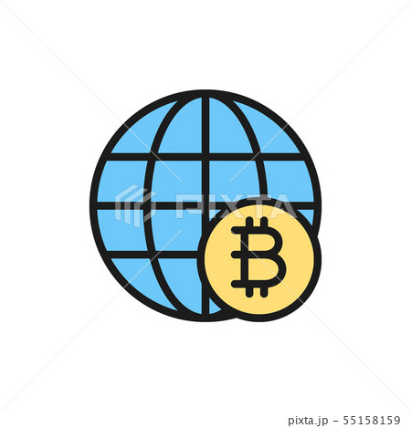 Global world with bitcoin coin, blockchain, crypto network flat color icon. 55158159